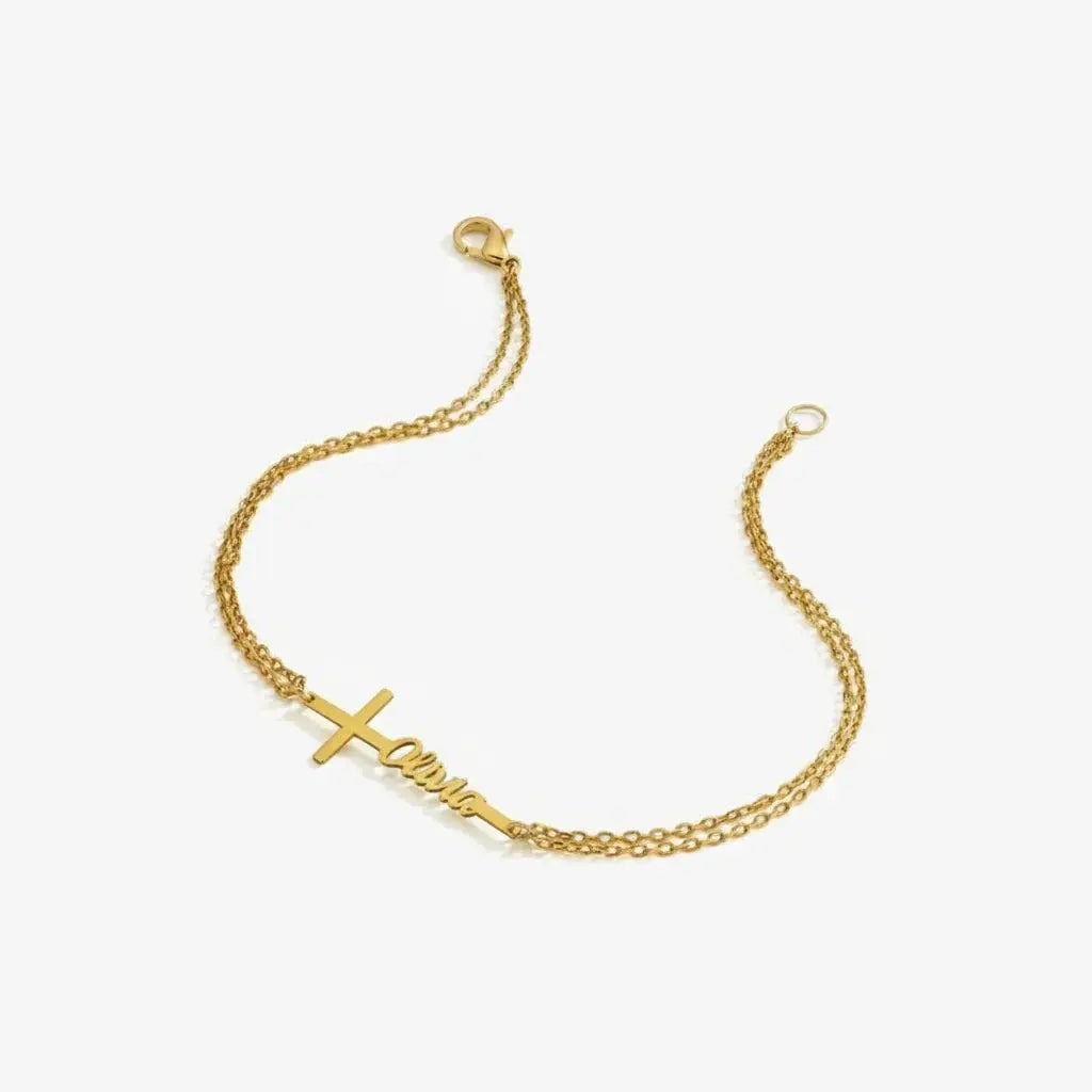 Bracelet Croix Personnalisé en Acier Doré – Prénom Gravé, Cadeau Unique & Raffiné Mon cadeau unique